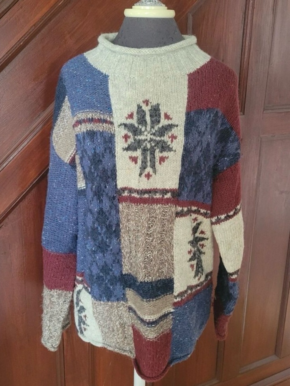 Vintage American Eagle Wool Patchwork Knit Sweater in Blue, Cream & Burgundy